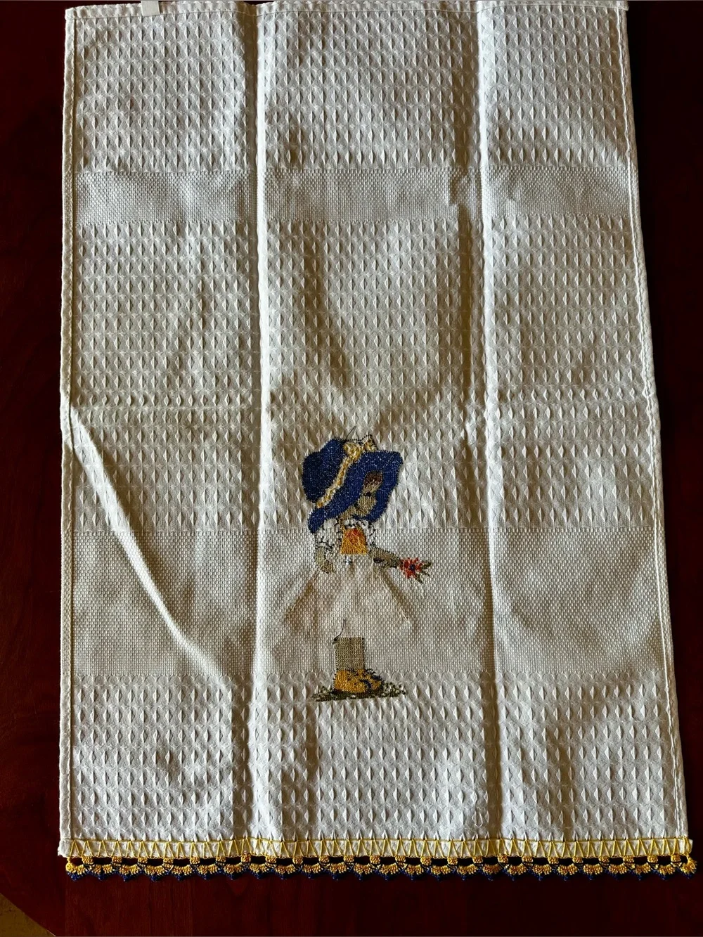 NWOT Pair of embroidered and crocheted tea towels. White cotton waffle weave.